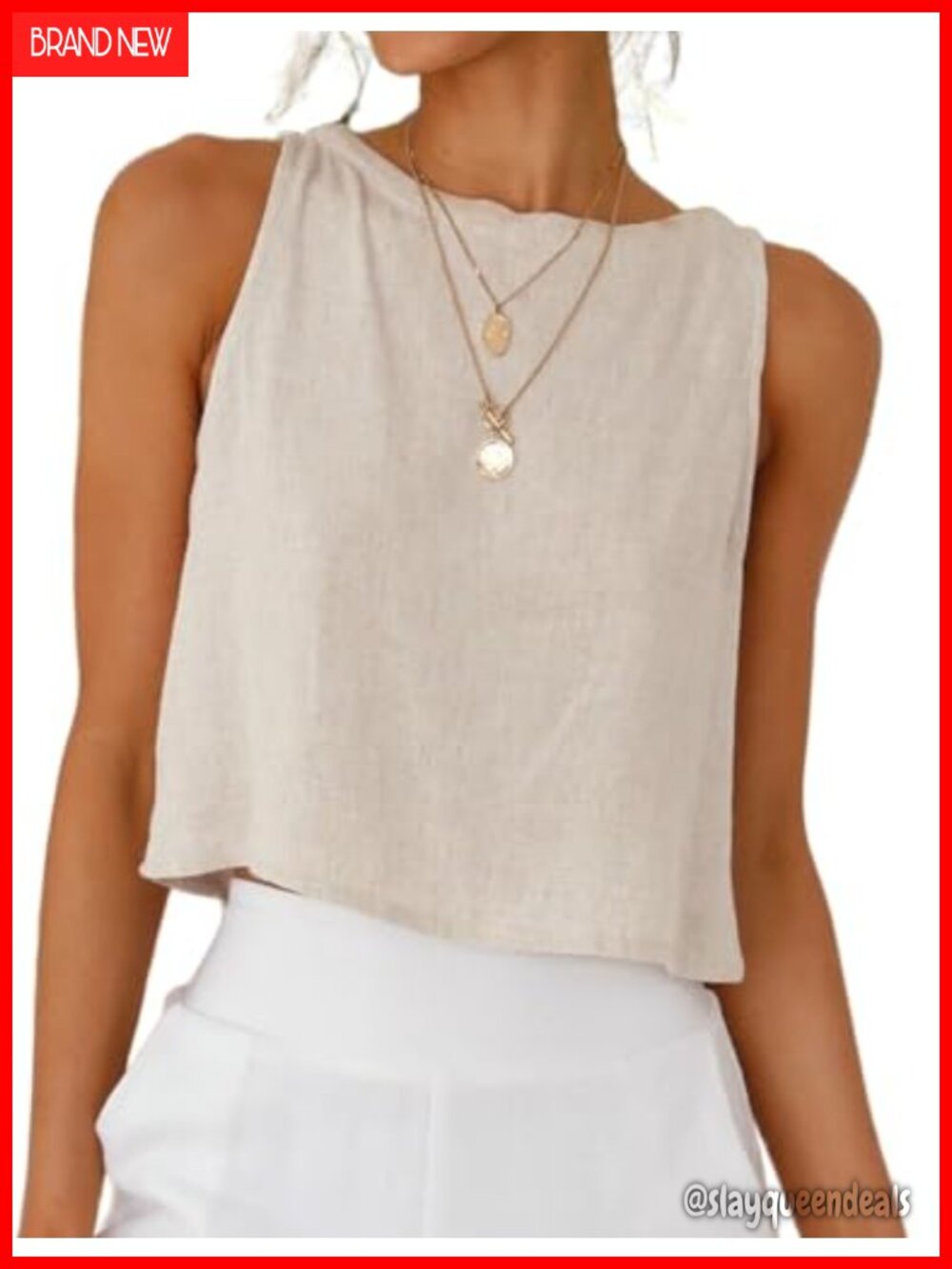 Womens Linen Crop Tank Top Sleeveless High Neck Casual Summer Top